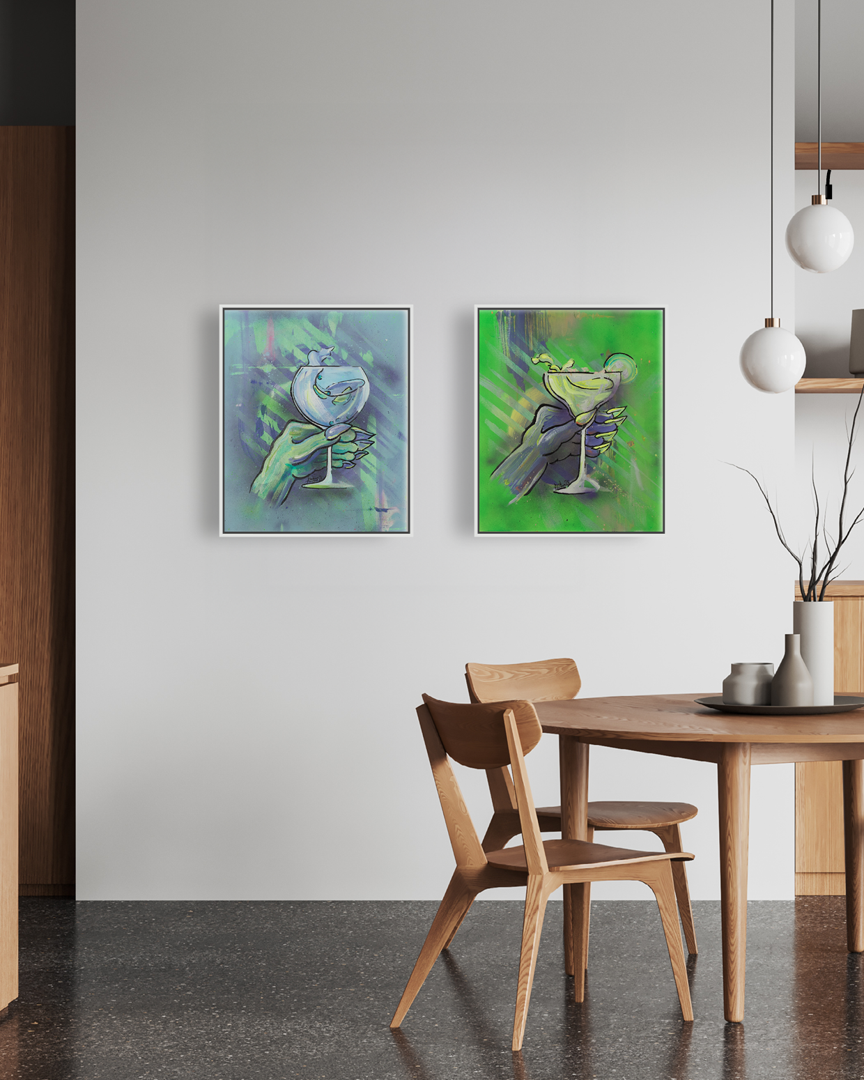 Zweiteilige Serie zeitgenössischer ikonischer Gemälde mit stilisierten Händen und Cocktailgläsern in Grün- und Blautönen in Küchensituation gehängt.