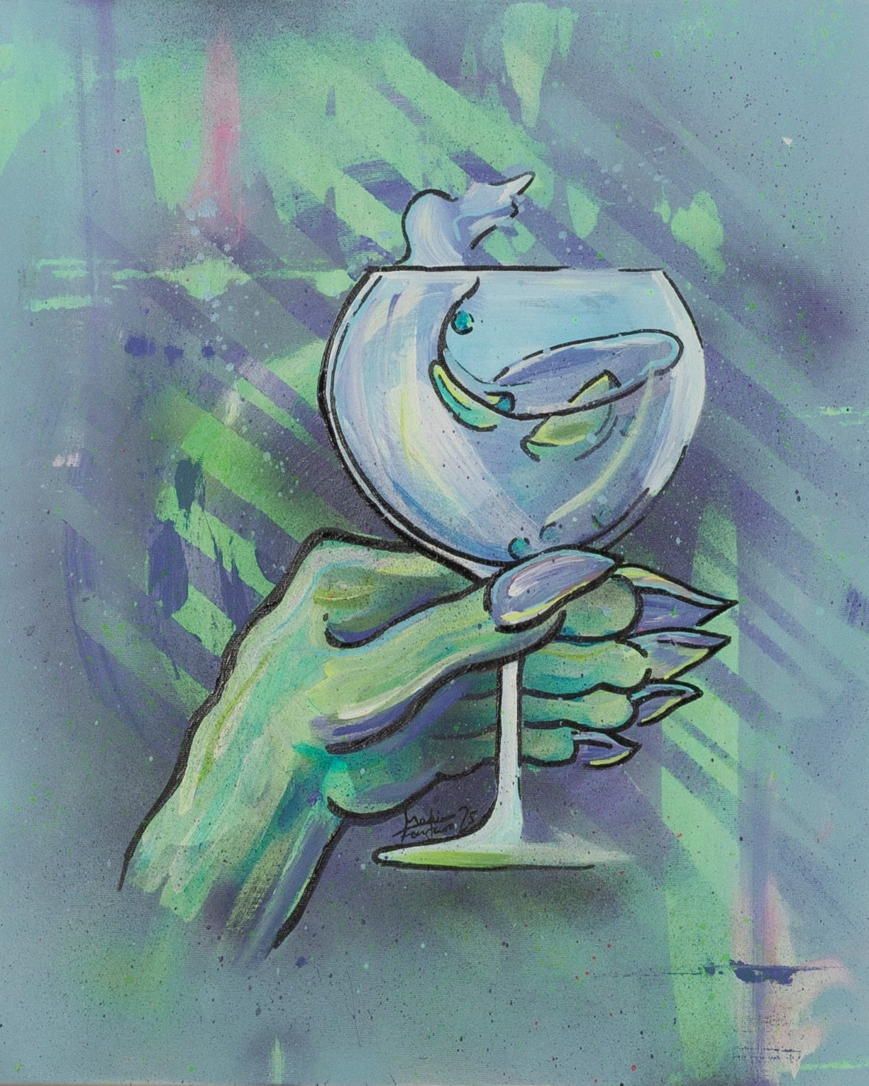 Zeitgenössisches ikonisches Gemälde einer grün-blauen Hand mit langen Nägeln, die ein Glas mit Gin and Tonic hält.