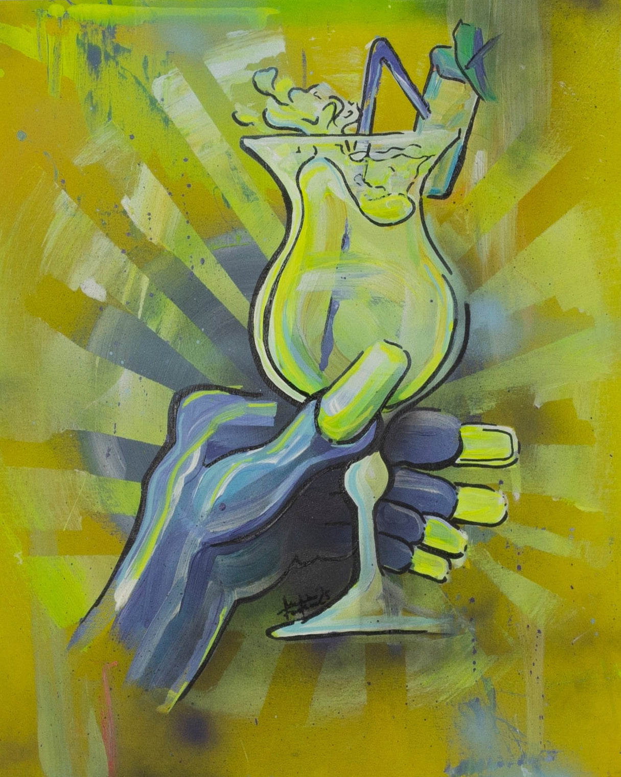 Zeitgenössisches ikonisches Gemälde einer blau-grünen Hand mit Pina-Colada-Cocktailglas vor leuchtend gelbem Hintergrund.