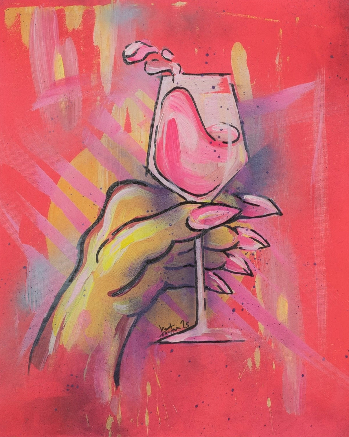 Zeitgenössisches ikonisches Gemälde einer gelb-grünen Hand mit langen Nägeln, die ein Glas Rotwein vor intensiv rotem Hintergrund hält.