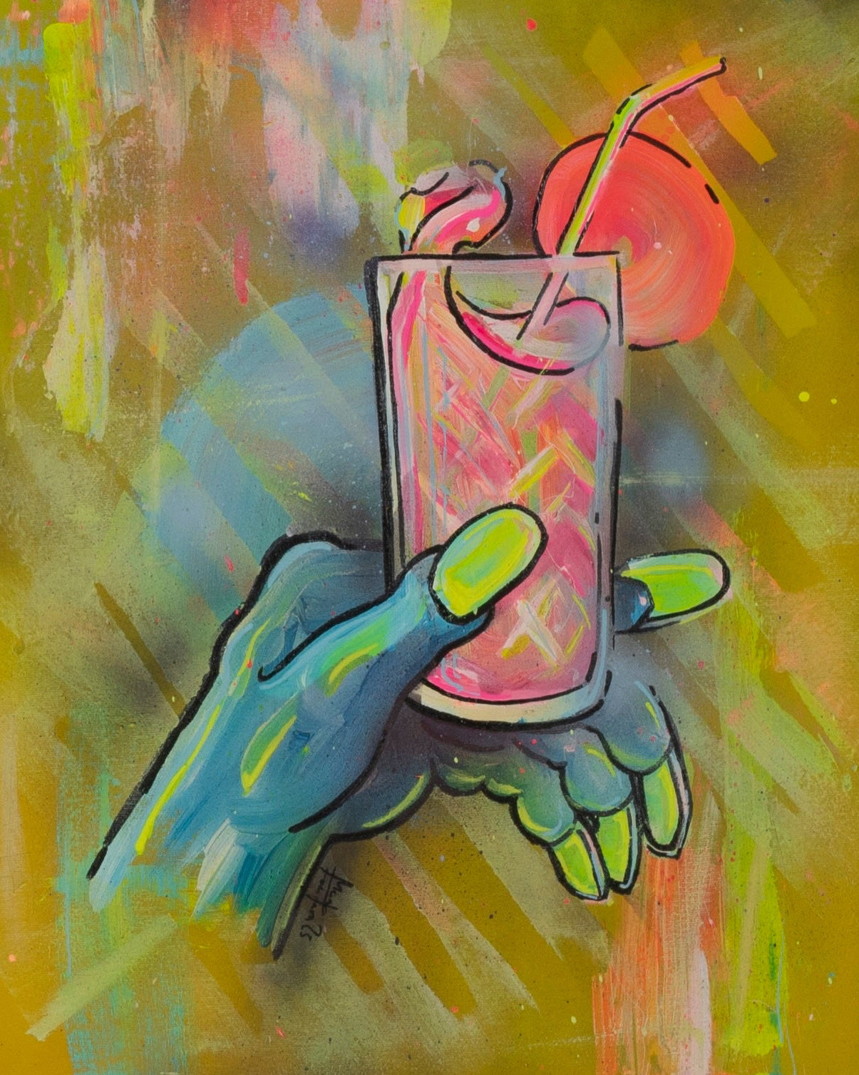 Zeitgenössisches ikonisches Gemälde einer blau-grünen Hand mit Longdrink und Zitrusgarnitur vor farbintensivem Hintergrund.
