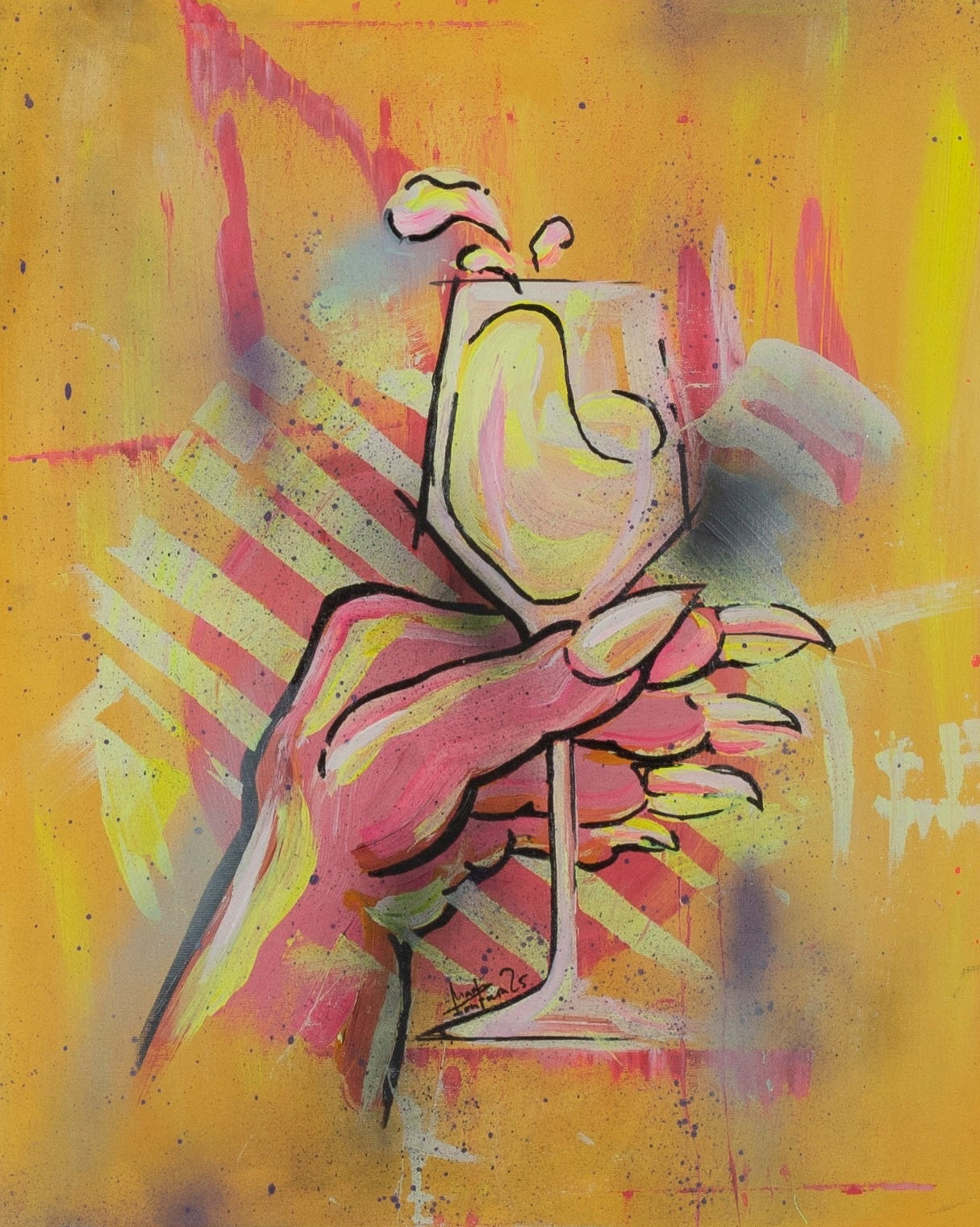 Zeitgenössisches ikonisches Gemälde einer pinken Hand mit einem Glas Weißwein vor gelb-orangenem Hintergrund.