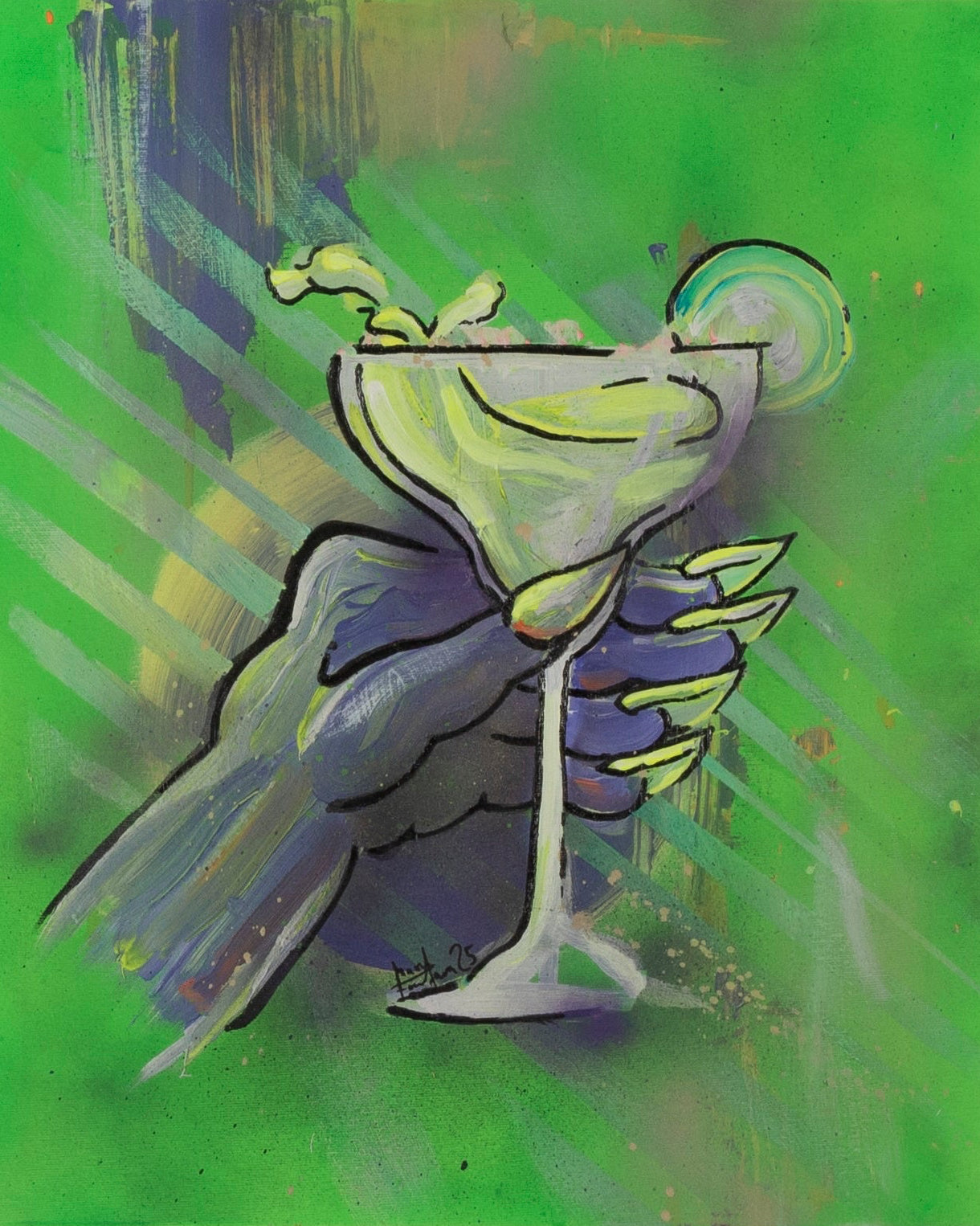 Zeitgenössisches ikonisches Gemälde einer violett-grünen Hand mit langen Nägeln, die ein Margarita Cocktailglas vor leuchtend grünem Hintergrund hält.