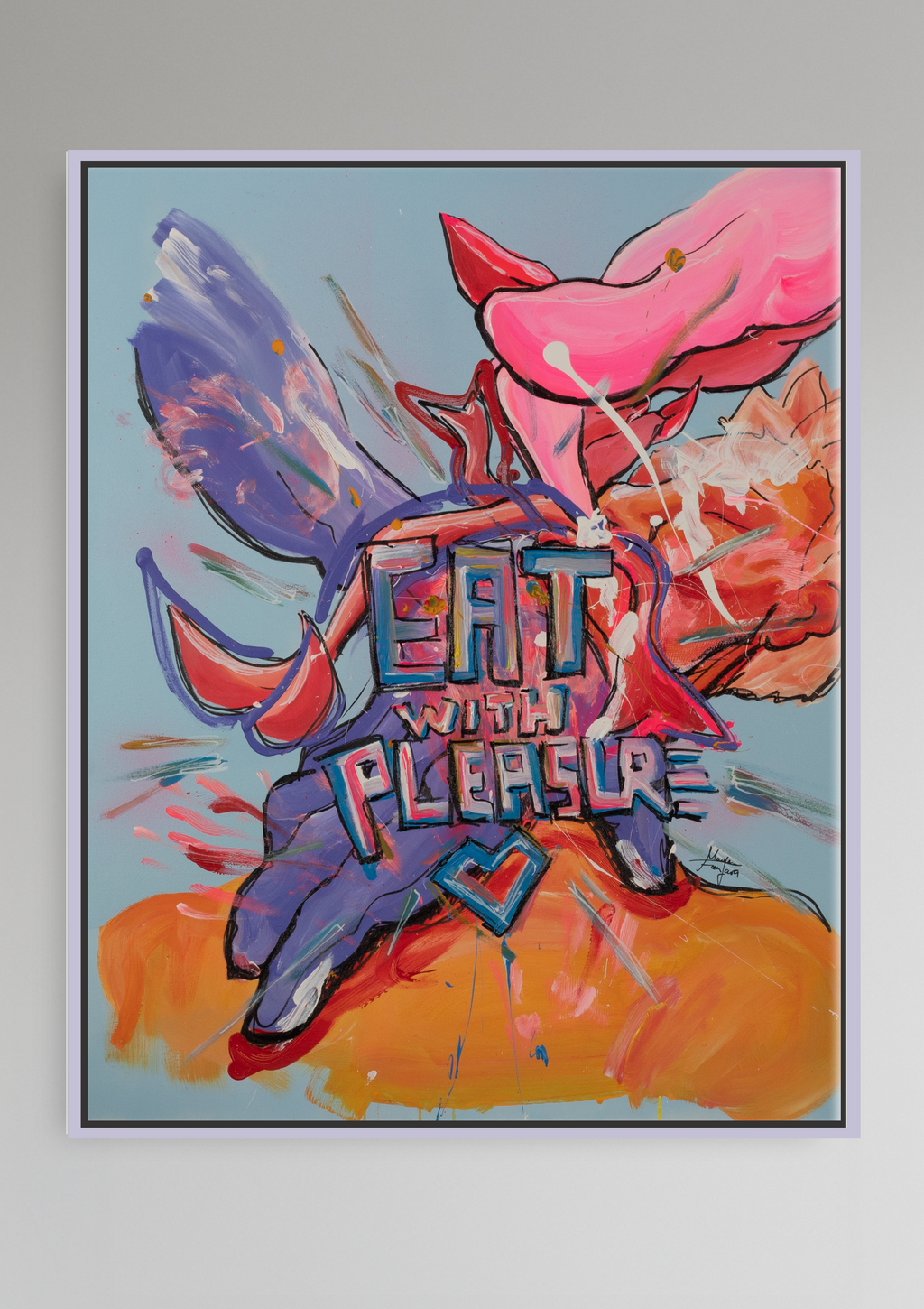 Zeitgenössisches Acrylgemälde mit Schriftzug „Eat with Pleasure“, abstrahierten Körperformen und kräftigen Farben in Pink, Blau und Orange – expressive figurative Kunst zu Konsum und Begehren.