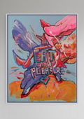 Zeitgenössisches Acrylgemälde mit Schriftzug „Eat with Pleasure“, abstrahierten Körperformen und kräftigen Farben in Pink, Blau und Orange – expressive figurative Kunst zu Konsum und Begehren.
