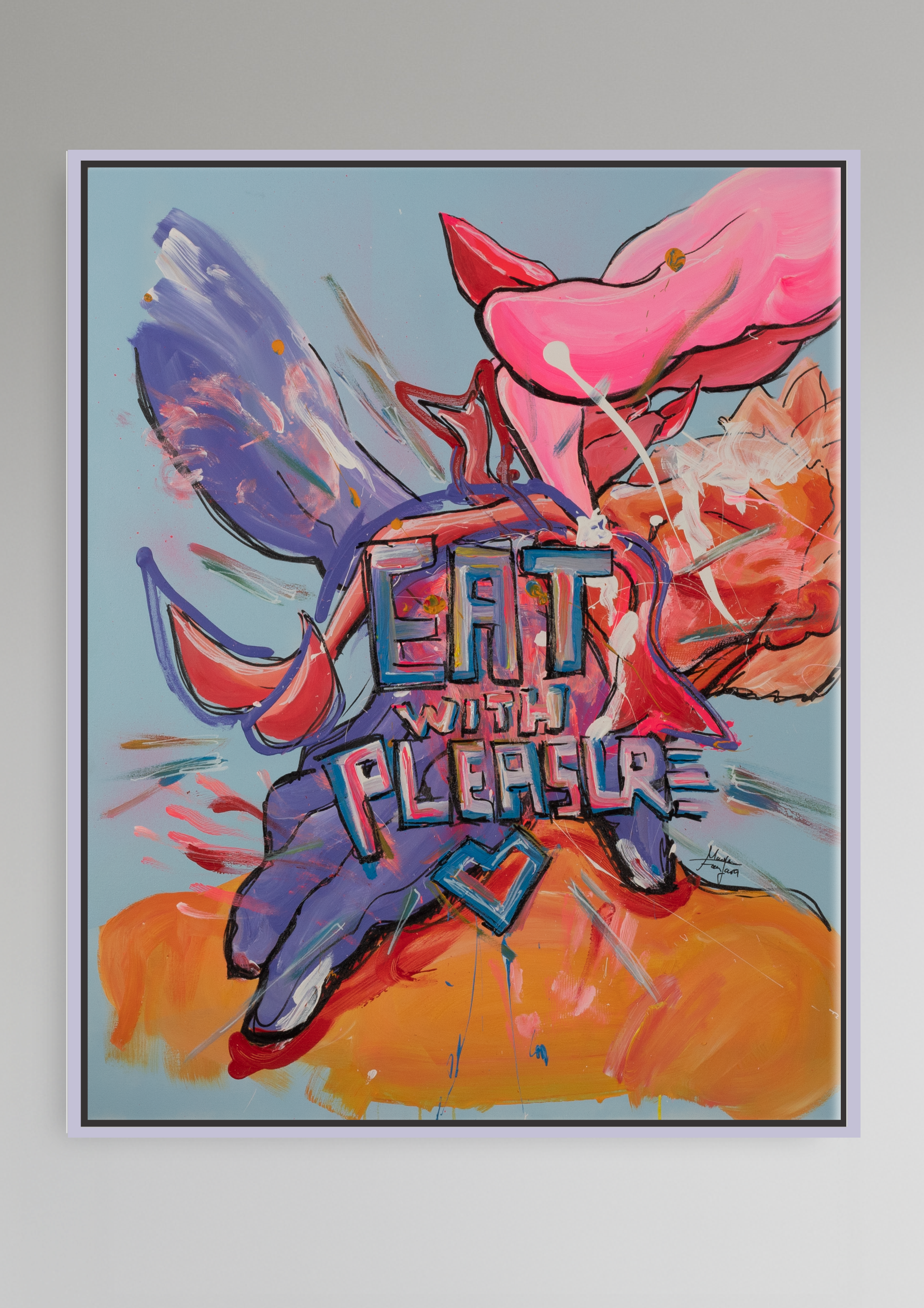 Zeitgenössisches Acrylgemälde mit Schriftzug „Eat with Pleasure“, abstrahierten Körperformen und kräftigen Farben in Pink, Blau und Orange – expressive figurative Kunst zu Konsum und Begehren.