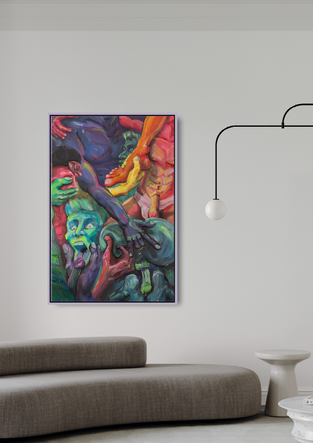 Großformatiges figuratives Acrylgemälde mit verschlungenen, intensiv kolorierten Körperfragmenten – zeitgenössische Kunst zu Nähe, Kontrolle und Emotionalität