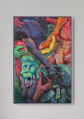 Zeitgenössisches figuratives Gemälde mit ineinander verschlungenen, körperbetonten Figuren in intensiven Neonfarben – expressive Malerei zu Begehren, Kontrolle. Fragmentierte Körper, Hände und Gesichter überlagern sich in dynamischer Komposition mit leuchtenden Blau-, Grün-, Pink- und Orangetönen.
