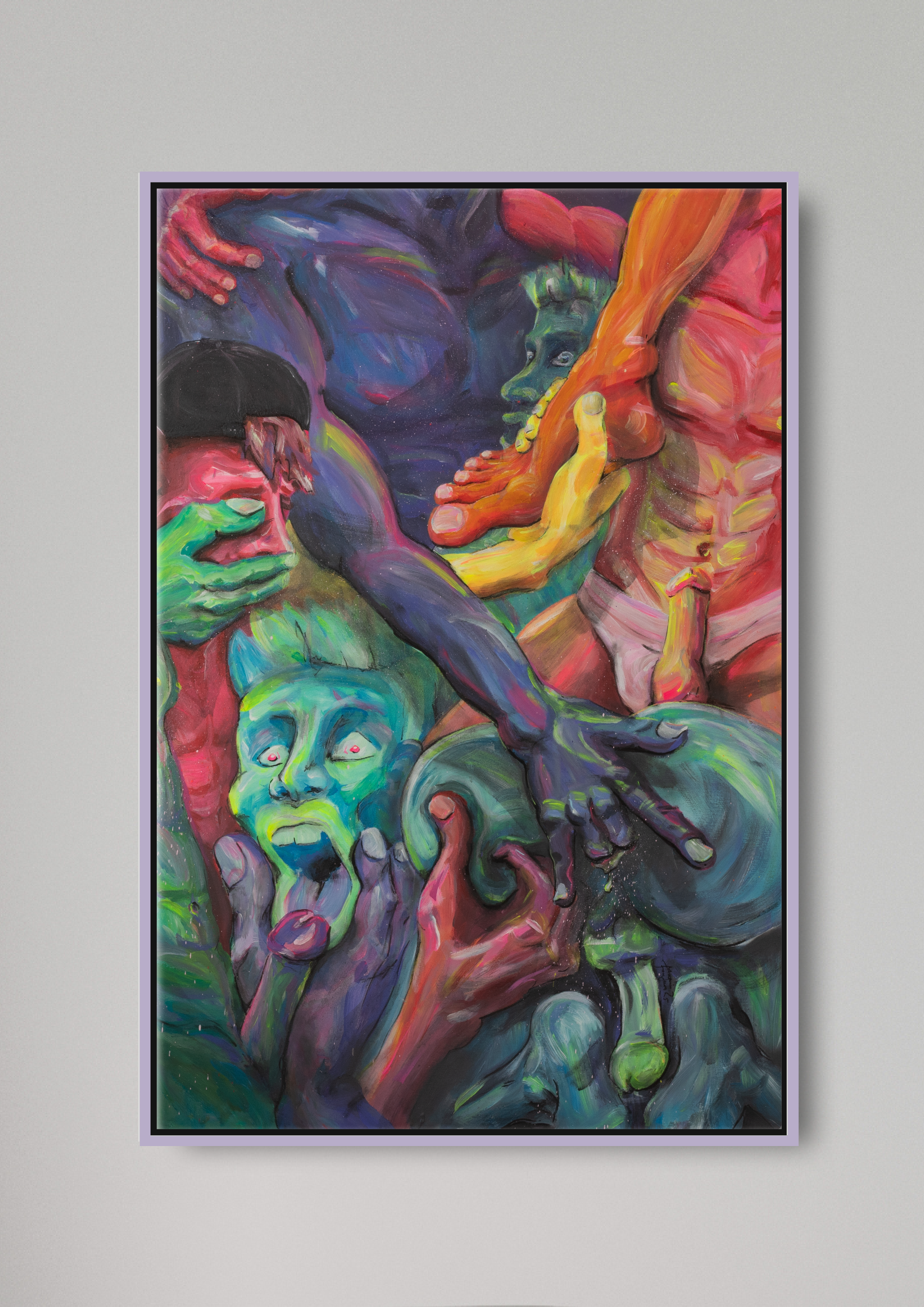 Zeitgenössisches figuratives Gemälde mit ineinander verschlungenen, körperbetonten Figuren in intensiven Neonfarben – expressive Malerei zu Begehren, Kontrolle. Fragmentierte Körper, Hände und Gesichter überlagern sich in dynamischer Komposition mit leuchtenden Blau-, Grün-, Pink- und Orangetönen.