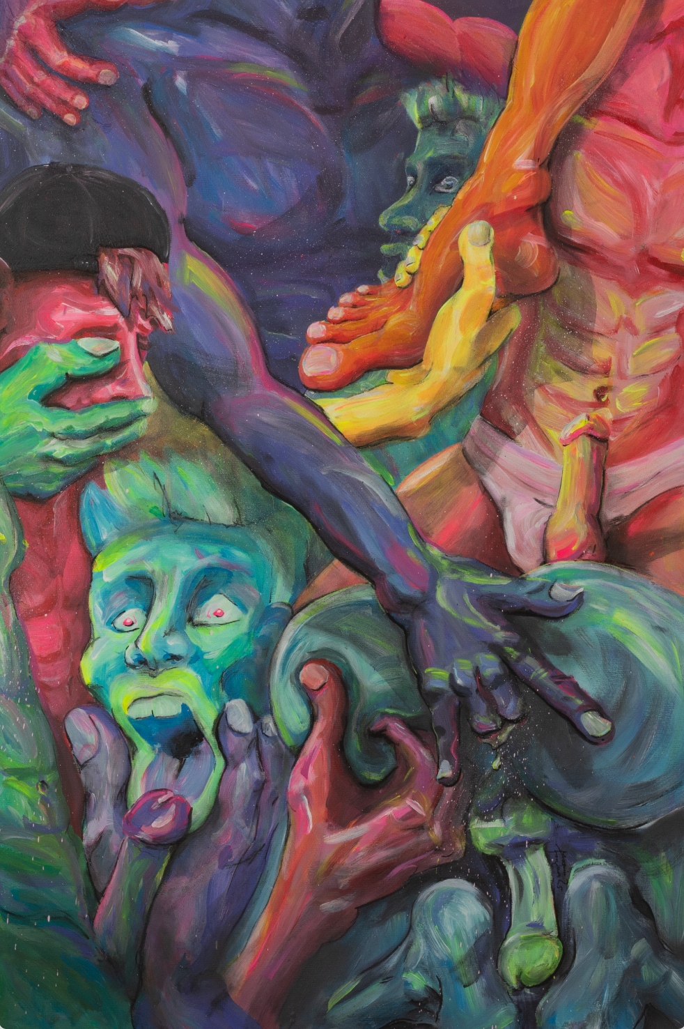 Zeitgenössisches figuratives Gemälde mit ineinander verschlungenen, körperbetonten Figuren in intensiven Neonfarben – expressive Malerei zu Begehren und Kontrolle. Fragmentierte Körper, Hände und Gesichter überlagern sich in dynamischer Komposition mit leuchtenden Blau-, Grün-, Pink- und Orangetönen.