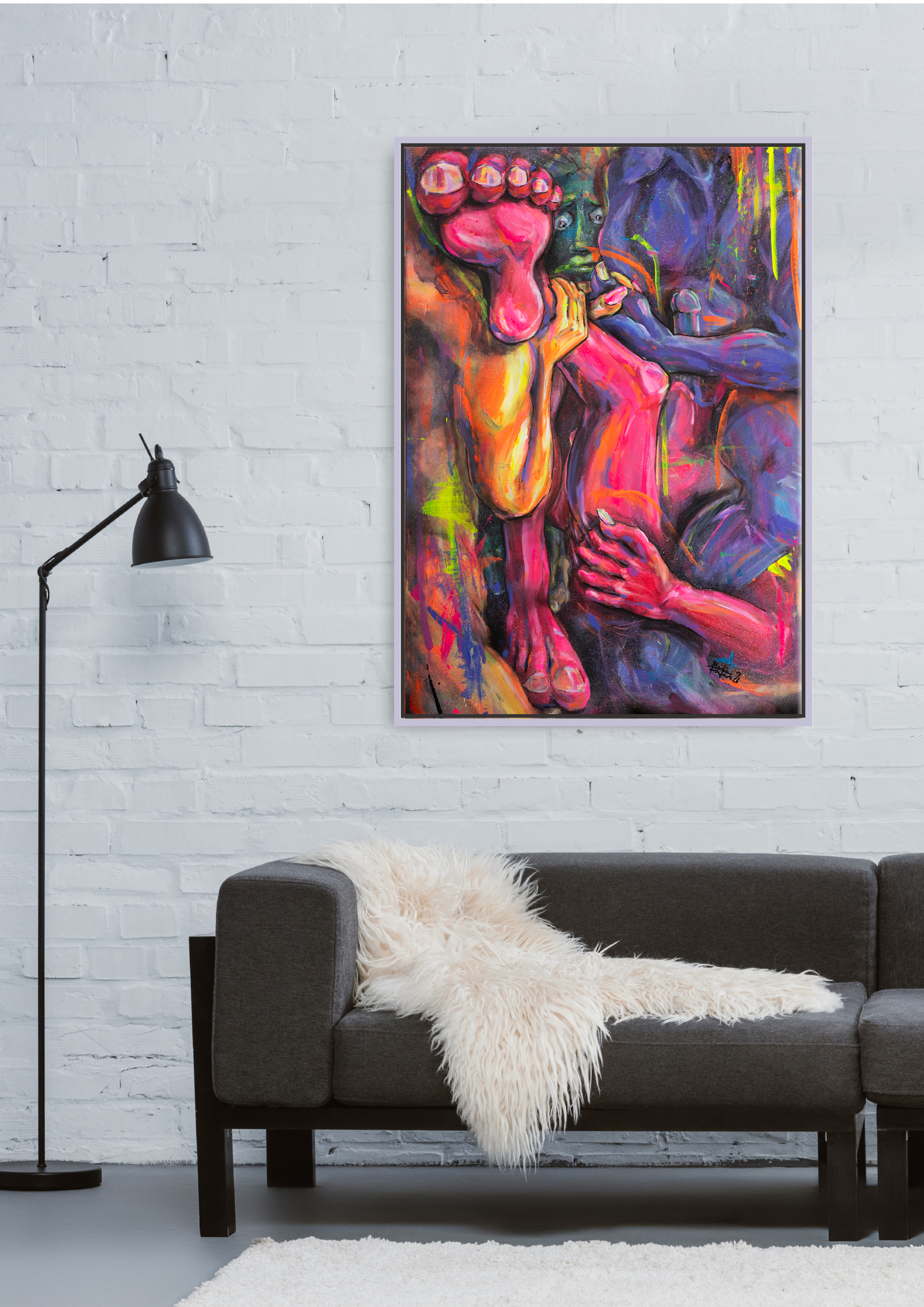 Zeitgenössisches queeres figuratives Gemälde als modernes Kunstwerk für Sammler:innen – expressive Acrylmalerei zu Körperpolitik, Intimität und erotischer Spannung. Überzeichnete Figuren, Hände und Füße verschränken sich in einer dynamischen Komposition aus leuchtenden Pink-, Blau-, Orange- und Violetttönen vor farbintensivem Hintergrund, präsentiert als hochwertiges gerahmtes Original für Wohnzimmer, Galerie oder anspruchsvolle Kunstsammlungen.