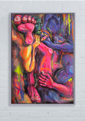 Zeitgenössisches queeres figuratives Gemälde als modernes Kunstwerk für Sammler:innen – expressive Acrylmalerei zu Körperpolitik, Intimität und erotischer Spannung. Überzeichnete Figuren, Hände und Füße verschränken sich in einer dynamischen Komposition aus leuchtenden Pink-, Blau-, Orange- und Violetttönen vor farbintensivem Hintergrund, präsentiert als hochwertiges gerahmtes Original für Wohnzimmer, Galerie oder anspruchsvolle Kunstsammlungen.