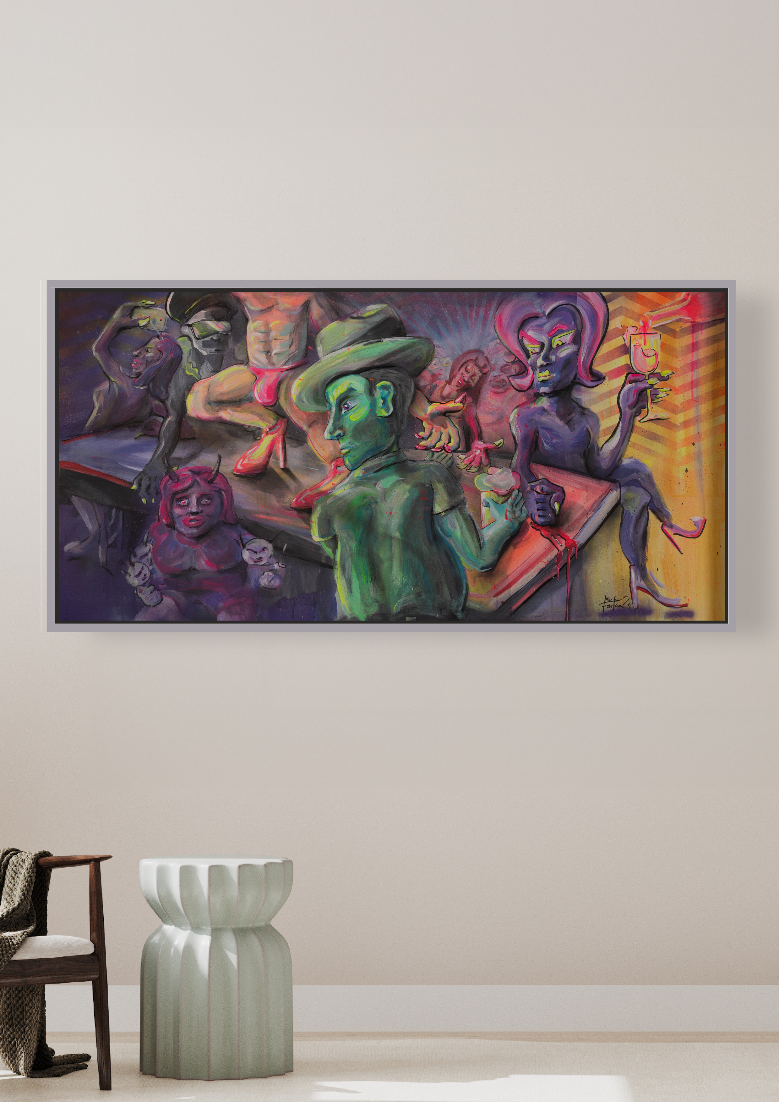 Zeitgenössisches großformatiges figuratives Gemälde mit narrativer Barszene und stilisierten Figuren in intensiven Neonfarben – expressive Malerei zu sozialer Dynamik, Begehren und Identität. Mehrere verzerrte Charaktere interagieren um eine Theke mit Getränken und Gesten, komponiert in leuchtenden Grün-, Violett-, Orange- und Pinktönen vor neutralem Hintergrund.