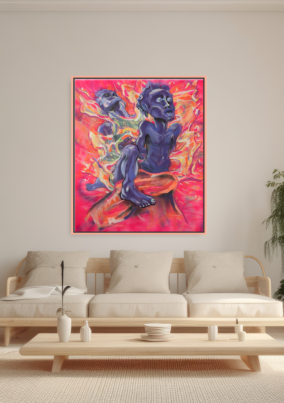 Zeitgenössisches figuratives Gemälde mit zwei ineinander verschränkten Körpern in intensiven Neonfarben – expressive Malerei zu Transformation, Identität und emotionaler Spannung. Dynamische Figurenkomposition in Blau und Violett vor leuchtend pink-orangenem Hintergrund mit fließenden Farbspuren, inszeniert über einem hellen Sofa in minimalistischer Wohnraumsituation.