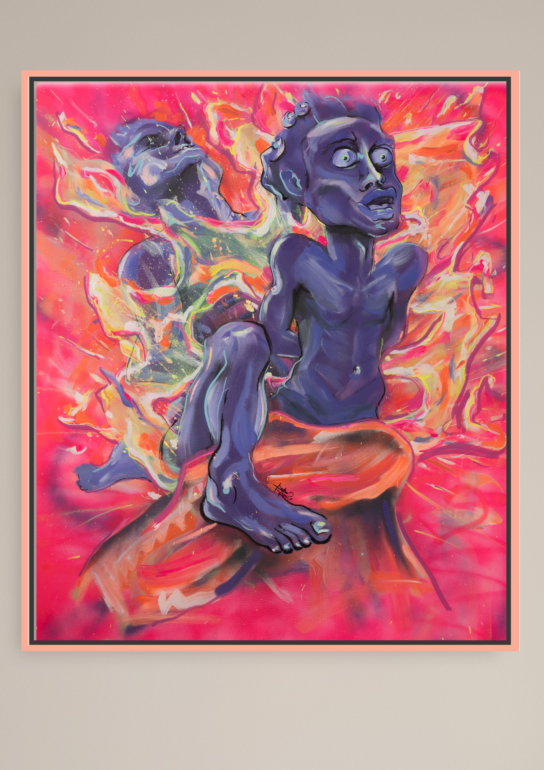 Zeitgenössisches figuratives Gemälde mit zwei ineinander übergehenden Körpern in intensiven Neonfarben – expressive Malerei zu Transformation, Identität und emotionaler Spannung. Dynamische Figuren in Blau und Violett verschränken sich vor leuchtend pink-orangenem Hintergrund mit fließenden, flammenartigen bis liquiden Farbspuren in klar gerahmter Präsentation.