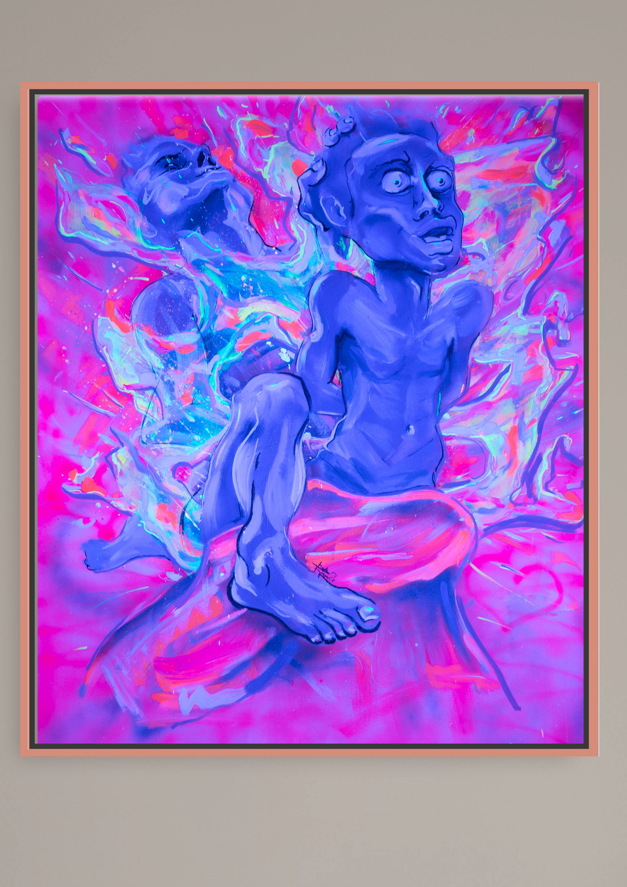 Zeitgenössisches figuratives Gemälde mit zwei ineinander übergehenden Körpern in intensiven Neonfarben – expressive Malerei zu Transformation, Identität und emotionaler Spannung. Dynamische Figuren in Blau und Violett verschränken sich vor leuchtend pink-orangenem Hintergrund mit fließenden, flammenartigen bis liquiden Farbspuren in klar gerahmter Präsentation.