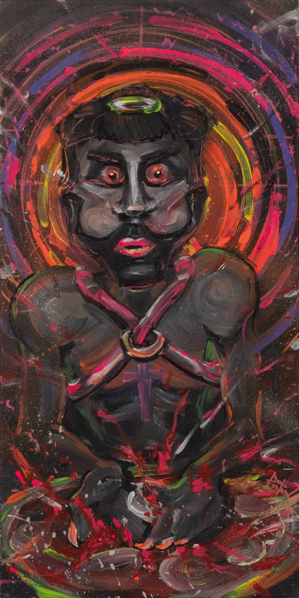 Zeitgenössisches figuratives Gemälde einer dunklen, körperbetonten Figur in intensiven Neonfarben – expressive Malerei zu Spiritualität, Identität und innerer Spannung. Zentrale Frontalfigur mit betontem Oberkörper und verschränkten Armen vor kreisförmigen Farbspuren in Rot, Orange und Pink auf dunklem, dynamisch gesprenkeltem Hintergrund.