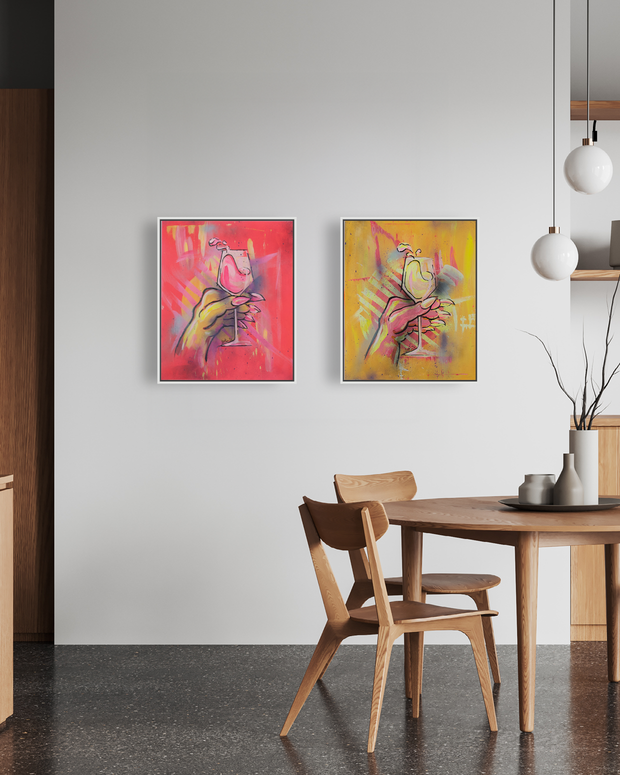 Zweiteilige Serie zeitgenössischer ikonischer Gemälde mit stilisierten Händen und Weingläsern in Rot- und Gelbtönen.