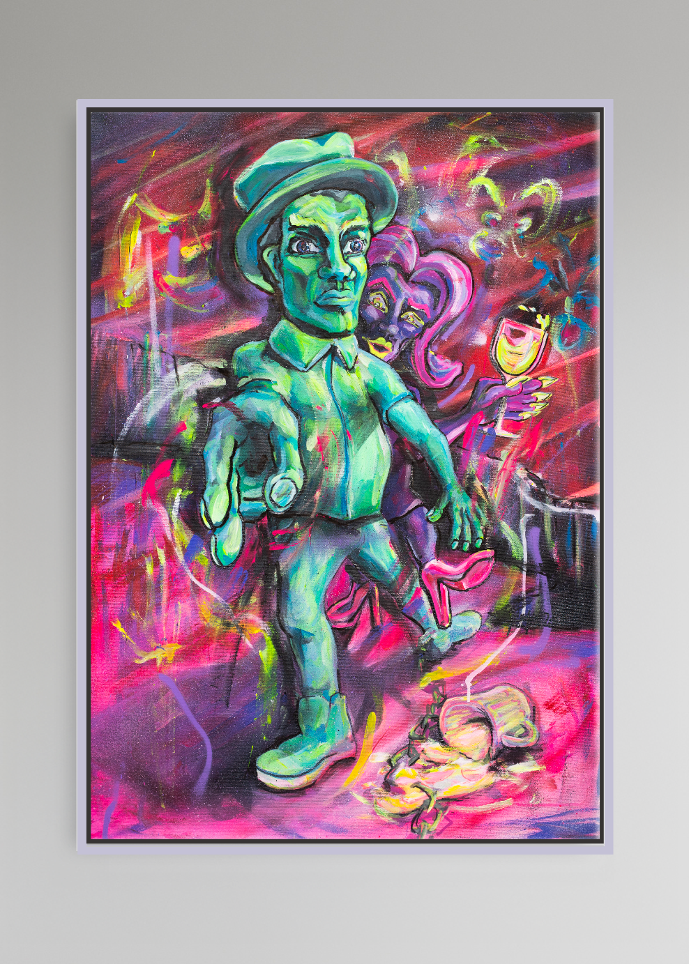 Zeitgenössisches figuratives Gemälde mit stilisierter markanter Figur und narrativer Szene in intensiven Neonfarben – hochwertige Acrylmalerei zu sozialer Dynamik, Identität und Interaktion. Überzeichnete Charaktere in Bewegung mit Hut, Glas und Gesten vor farbintensivem Hintergrund in Pink-, Grün- und Violetttönen, präsentiert als gerahmtes Kunstwerk für Wohnzimmer, Galerie oder anspruchsvolle Inneneinrichtung.
