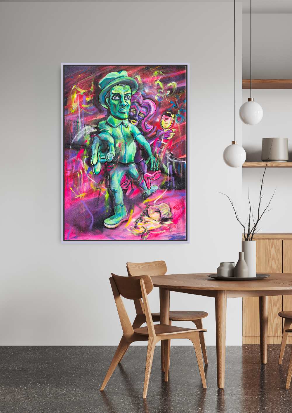 Zeitgenössisches figuratives Gemälde mit stilisierter markanter Figur und narrativer Szene in intensiven Neonfarben – hochwertige Acrylmalerei zu sozialer Dynamik, Identität und Interaktion. Überzeichnete Charaktere in Bewegung mit Hut, Glas und Gesten vor farbintensivem Hintergrund in Pink-, Grün- und Violetttönen, präsentiert als gerahmtes Kunstwerk für Wohnzimmer, Galerie oder anspruchsvolle Inneneinrichtung.