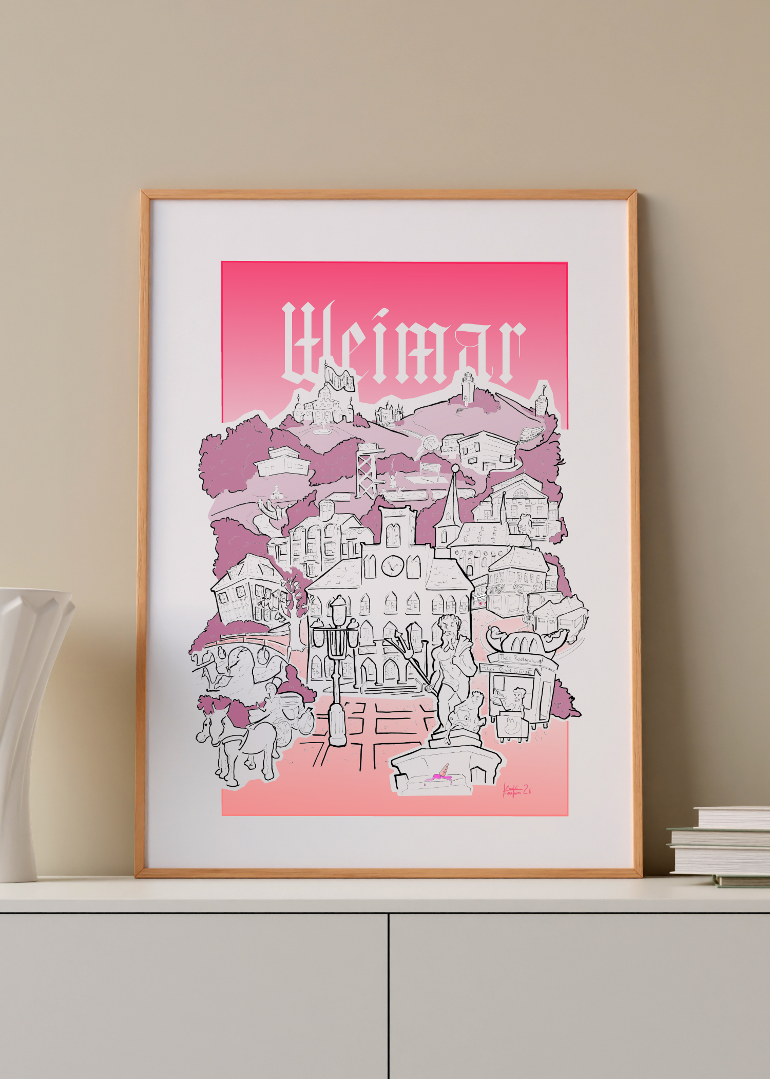 Moderner Weimar Poster Kunstdruck mit illustrativer Stadtansicht und ikonischen Sehenswürdigkeiten – hochwertiger Art Print zu Architektur, Kultur und Stadtidentität. Detailreiche Schwarz-Weiß-Linienillustration mit pinkem Farbverlauf und typografischem Schriftzug „Weimar“, präsentiert als stilvoll gerahmter Wanddruck für Wohnzimmer, Büro oder moderne Inneneinrichtung.

Abgebildete Orte:

Rathaus Weimar, Marktplatz, Bauhaus-Universität Weimar, Haus am Horn, Park an der Ilm, Deutsches Nationaltheater, Goethe