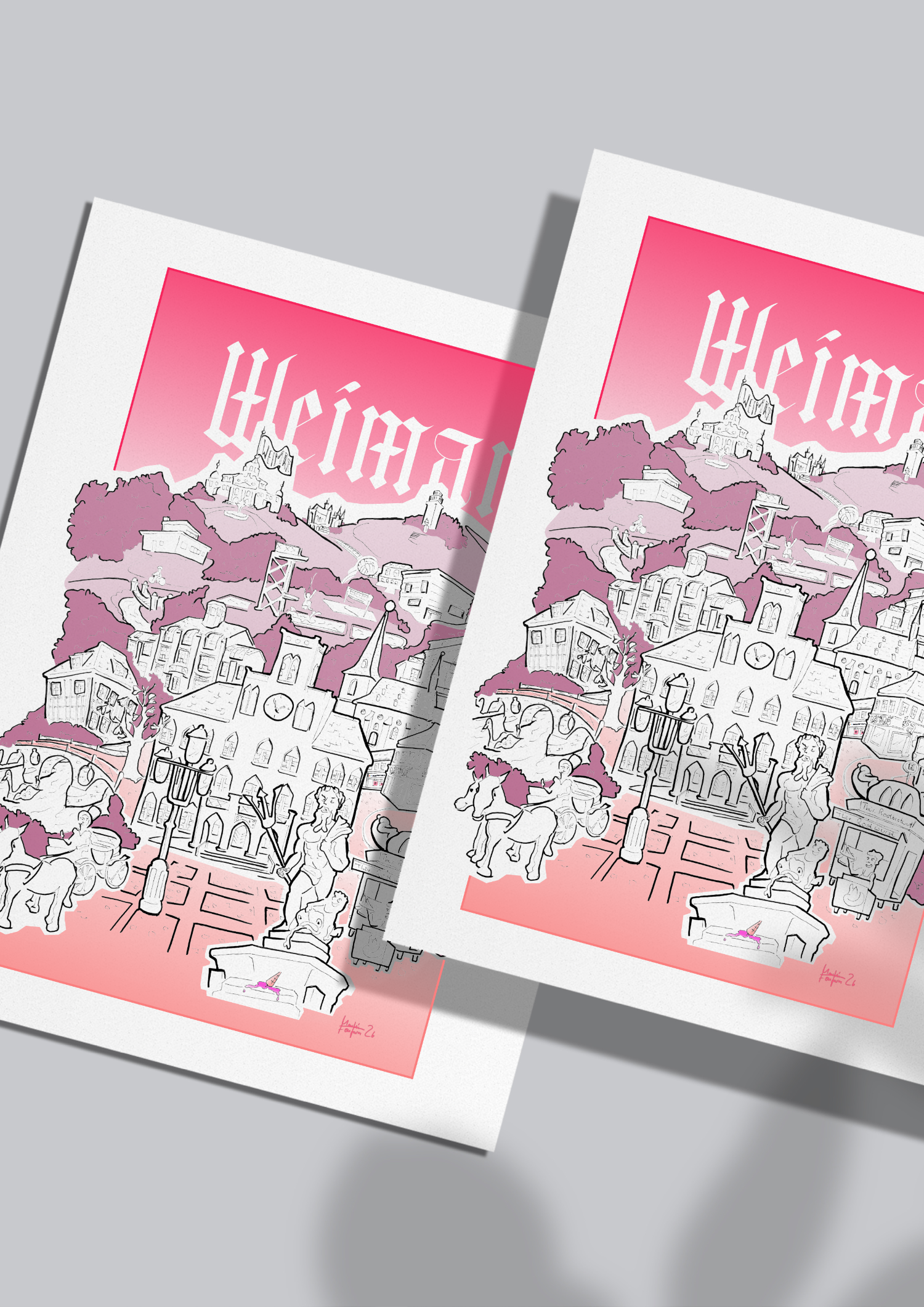 Moderner Weimar Poster Kunstdruck mit illustrativer Stadtansicht und ikonischen Sehenswürdigkeiten – hochwertiger Art Print zu Architektur, Kultur und Stadtidentität. Detailreiche Schwarz-Weiß-Linienillustration mit pinkem Farbverlauf und typografischem Schriftzug „Weimar“, präsentiert als stilvoll gerahmter Wanddruck für Wohnzimmer, Büro oder moderne Inneneinrichtung.

Abgebildete Orte:

Rathaus Weimar, Marktplatz, Bauhaus-Universität Weimar, Haus am Horn, Park an der Ilm, Deutsches Nationaltheater, Goethe