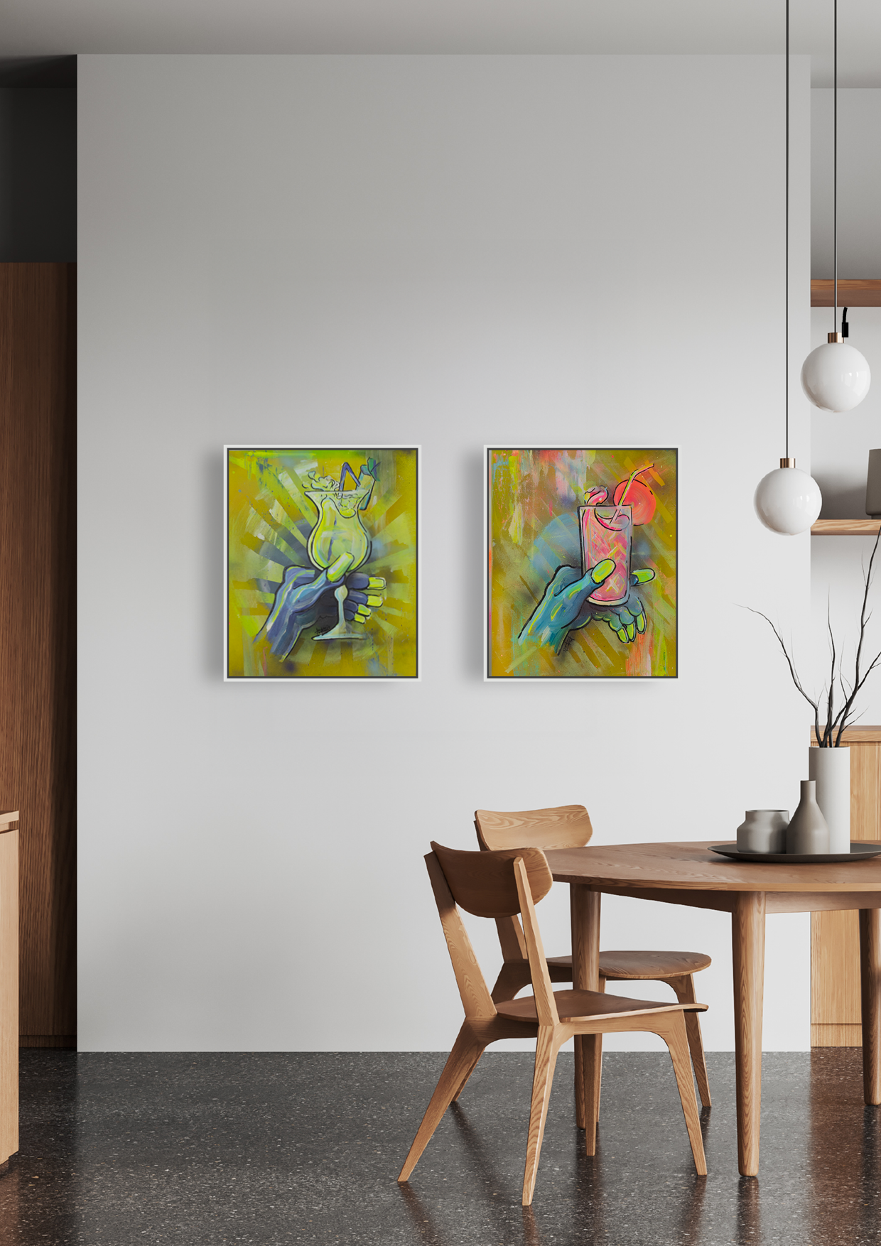 Zweiteilige Serie zeitgenössischer figurativer Gemälde mit stilisierten Händen und Cocktail- sowie Longdrinkgläsern in Gelb-, Grün- und Lila-Blautönen in Kücheninterior präsentiert.