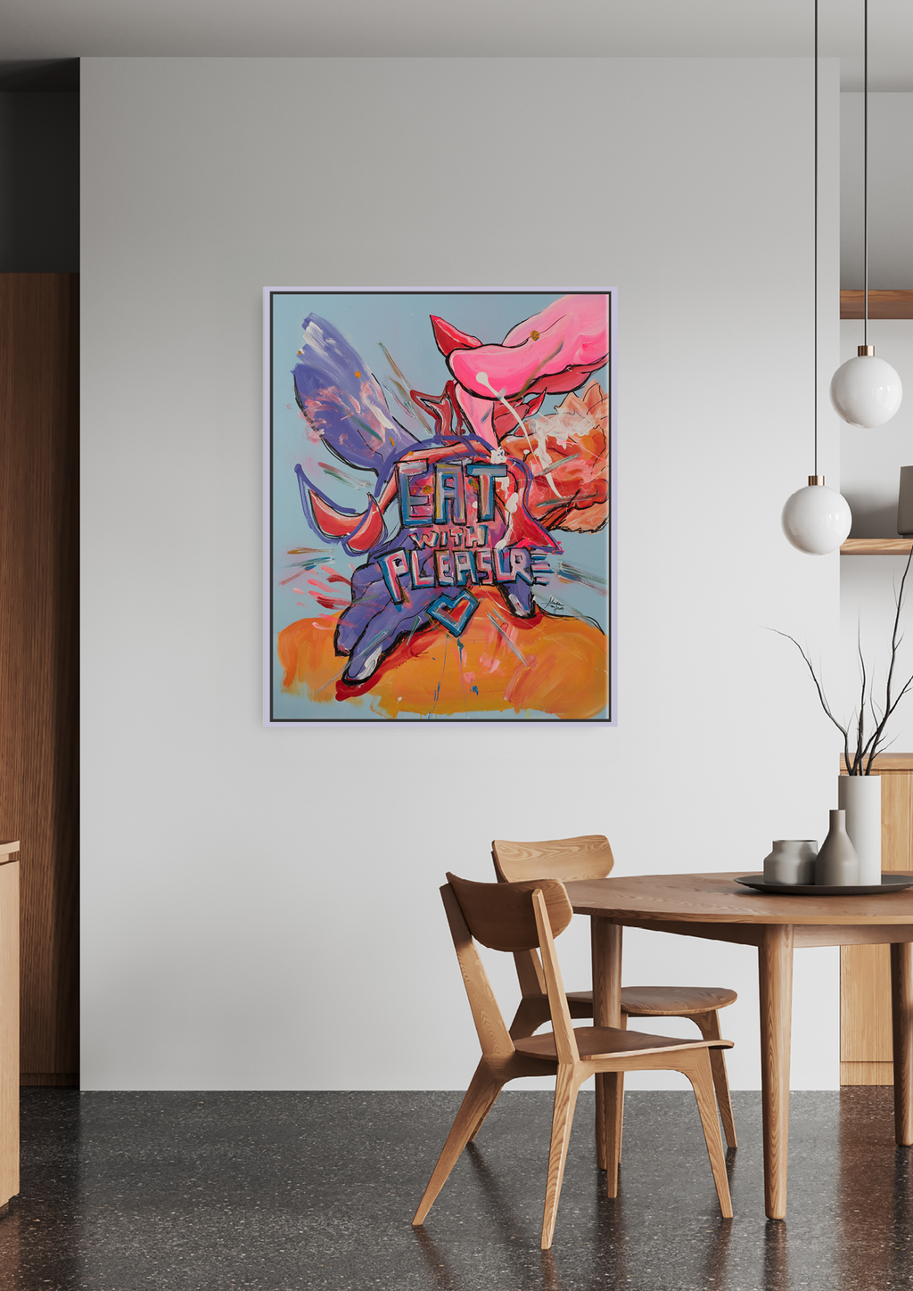 Zeitgenössisches körperpolitisches Gemälde mit Schriftzug „Eat with Pleasure“, abstrahierten Körperformen und kräftigen Farben in Pink, Blau und Orange – expressive figurative Kunst zu Konsum und Begehren