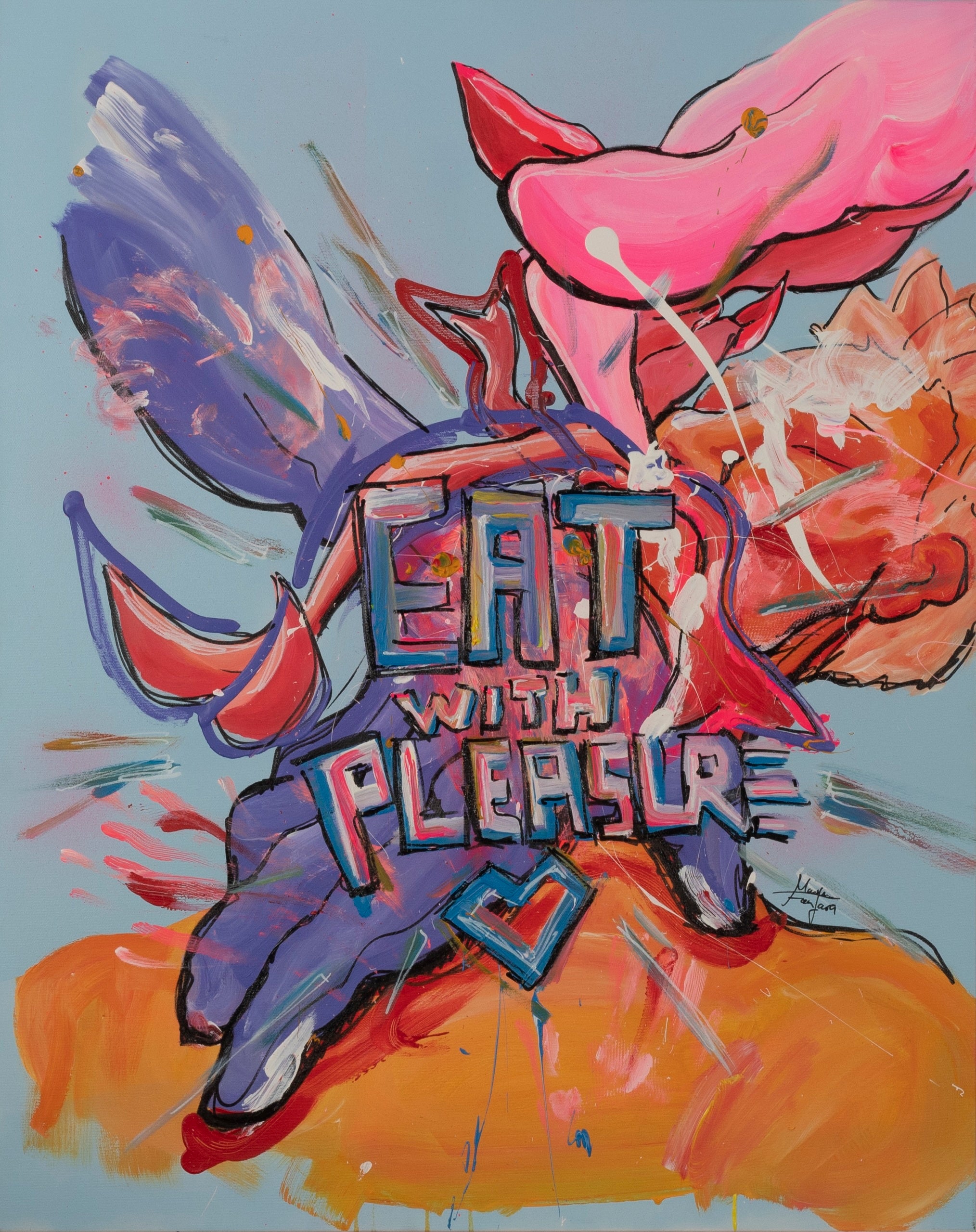 Zeitgenössisches Acrylgemälde mit Schriftzug „Eat with Pleasure“, abstrahierten Körperformen und kräftigen Farben in Pink, Blau und Orange – expressive figurative Kunst zu Konsum und Begehren